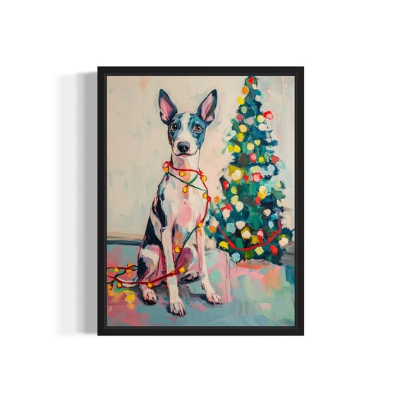 Whippet Dog Wrapped in Red Christmas Lights by Holiday Tree Poster