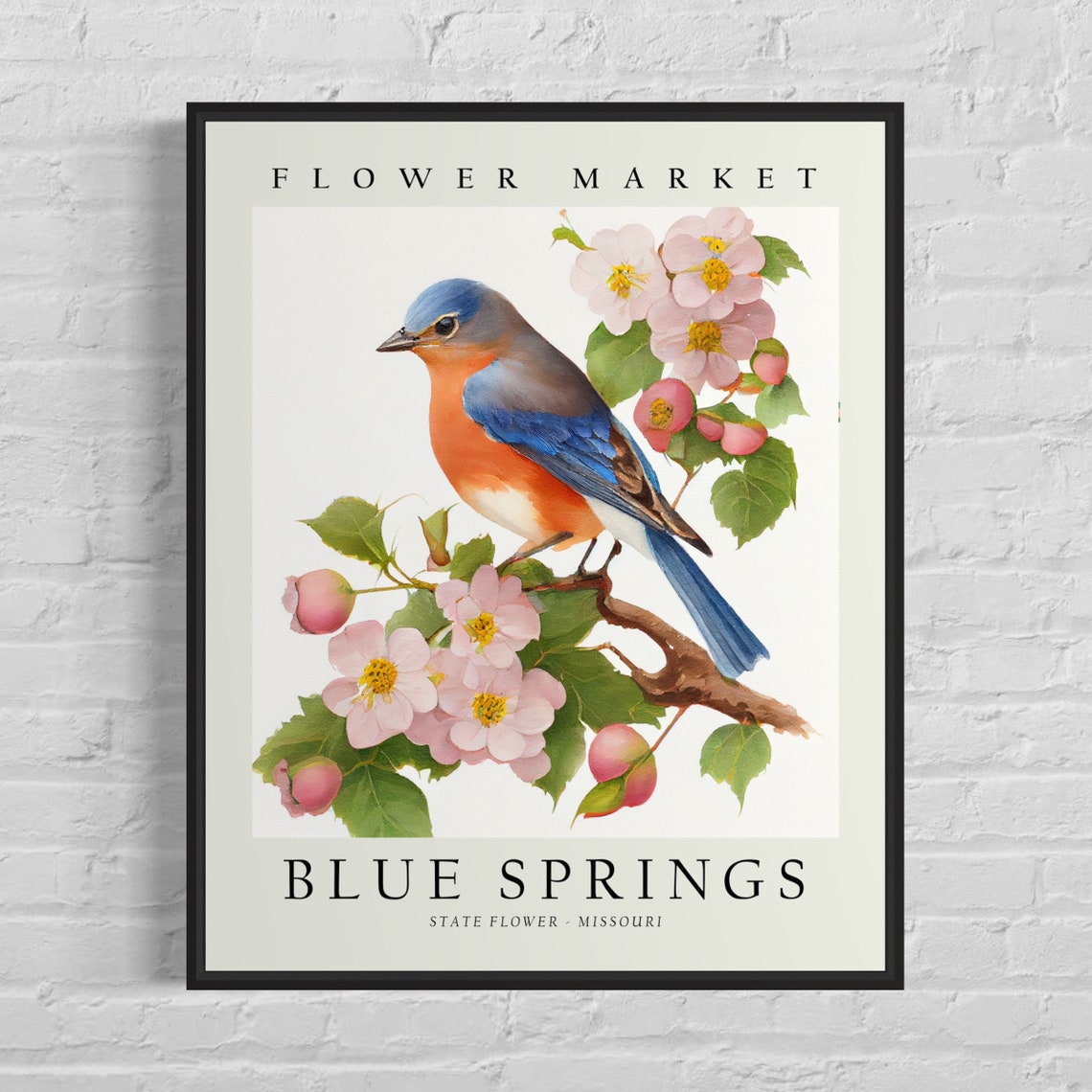 Blue Springs Missouri Flower Market Poster with Bluebird and Blossoms