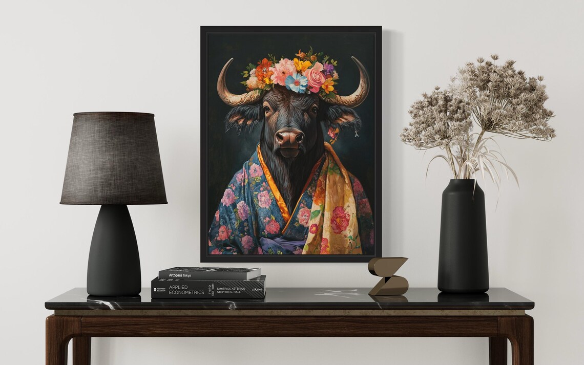 Buffalo Flower Crown Kimono Portrait Japanese Style Animal Poster - Image 2