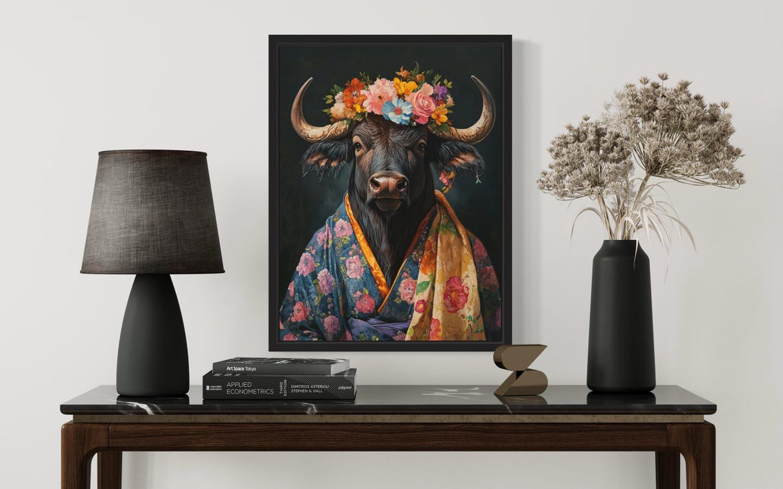 Buffalo Poster Art Print Animal Flowers In Kimono Wall Art Decor Painting Artwork - Image 2