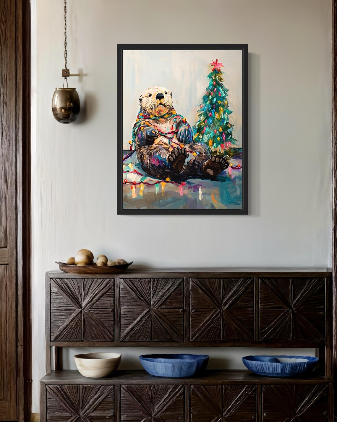 Sea Otter Tangled in Colorful Christmas Lights Holiday Poster - Image 2