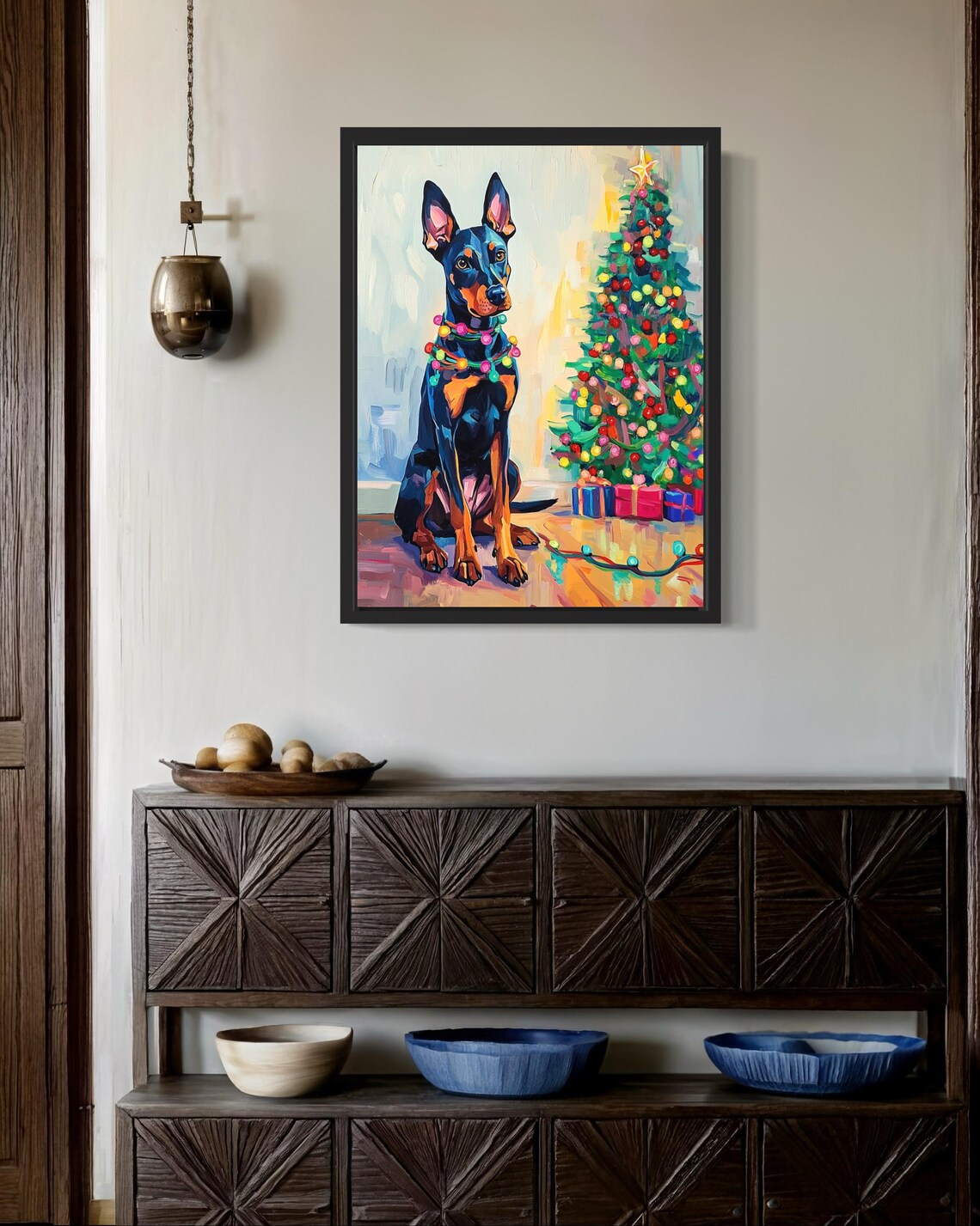 Doberman Pinscher Christmas Lights Holiday Art Print - Image 2