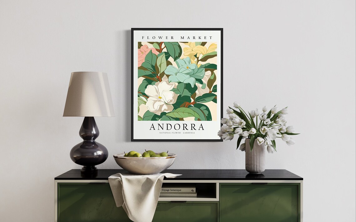 Flower Market Andorra White Gardenia Dark Green Botanical Art Poster - Image 2
