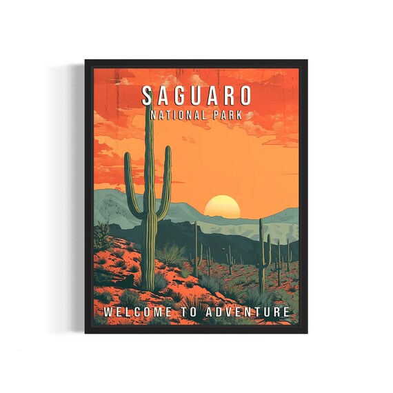 Saguaro National Park Arizona Giant Cactus Sunset Retro Travel Poster