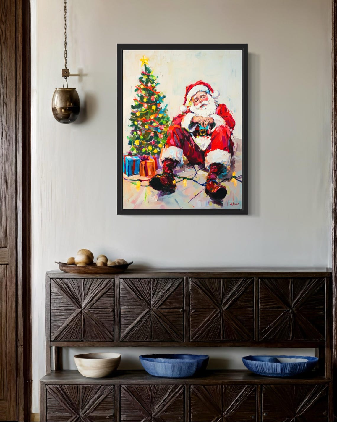 Sleeping Santa Claus Beside Christmas Tree Painterly Holiday Poster - Image 2