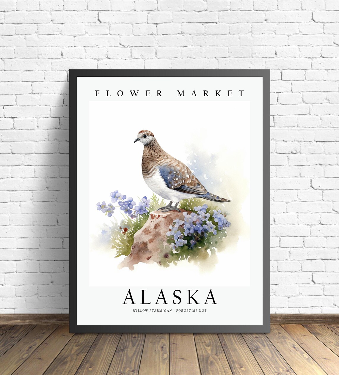 Alaska Willow Ptarmigan Forget Me Not Bird Flower Market Print