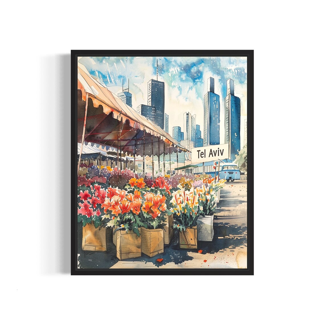 Tel Aviv Israel Skyline Watercolor Flower Market Scene Poster