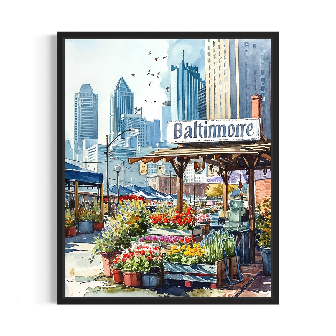 Baltimore Maryland Harbor Market Watercolor Flower Scene Poster