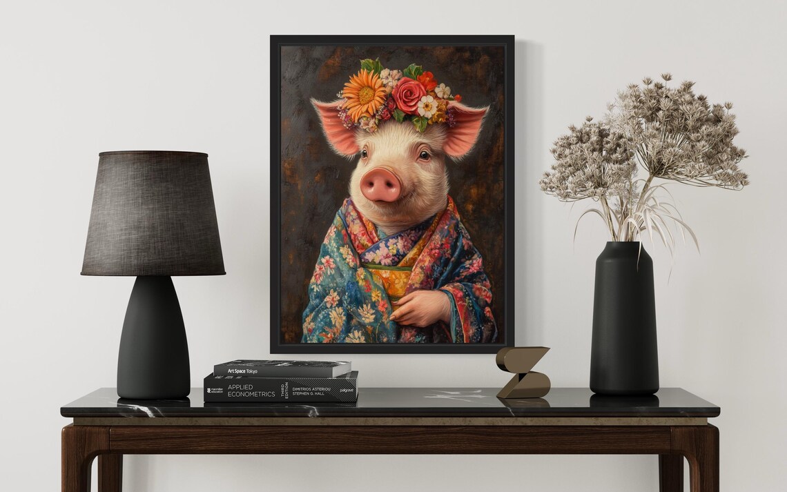 Pig Poster Art Print, Kimono Floral Decor - Image 2