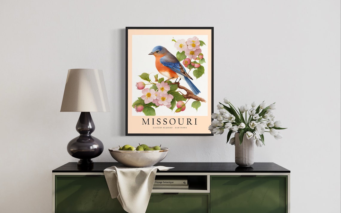 Missouri Bluebird Hawthorn Blossom Bird Watercolor Print Artwork - Image 2