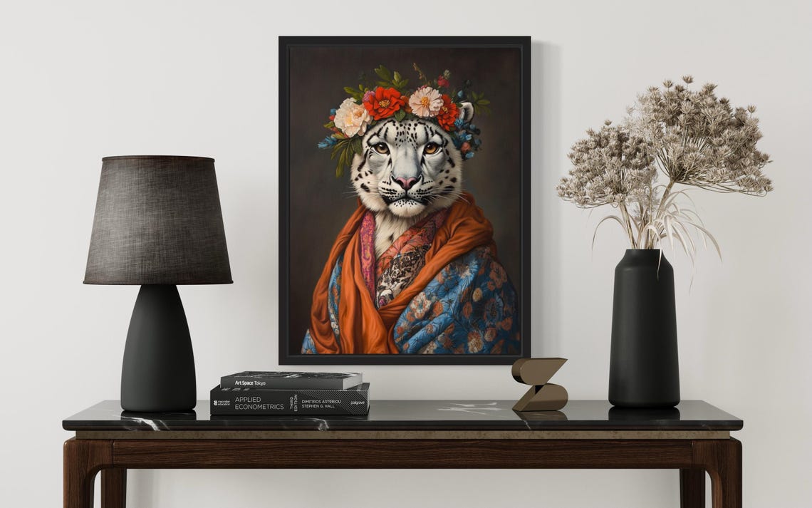 Snow Leopard Wearing Floral Kimono and Flower Crown Portrait Poster - Image 2
