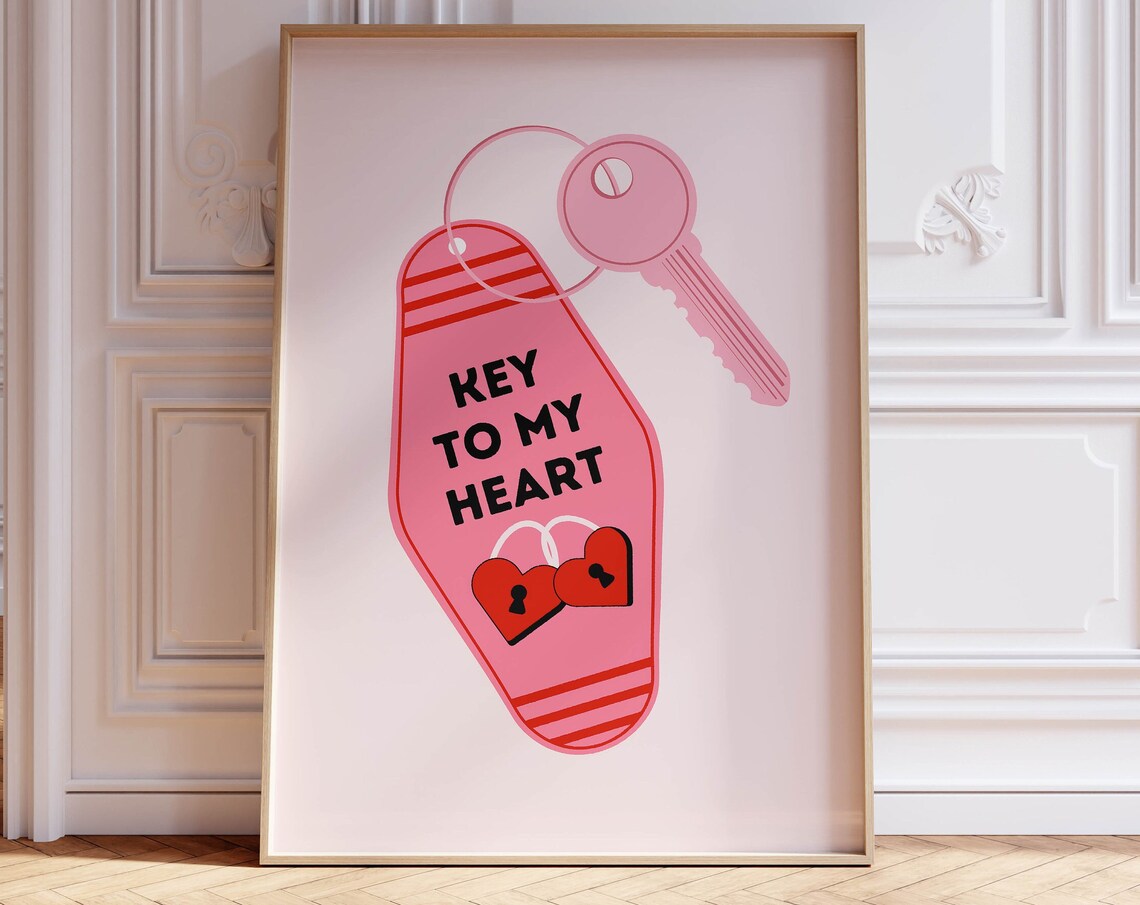 Charming Key to My Heart Pink Retro Motel Keychain Art Poster