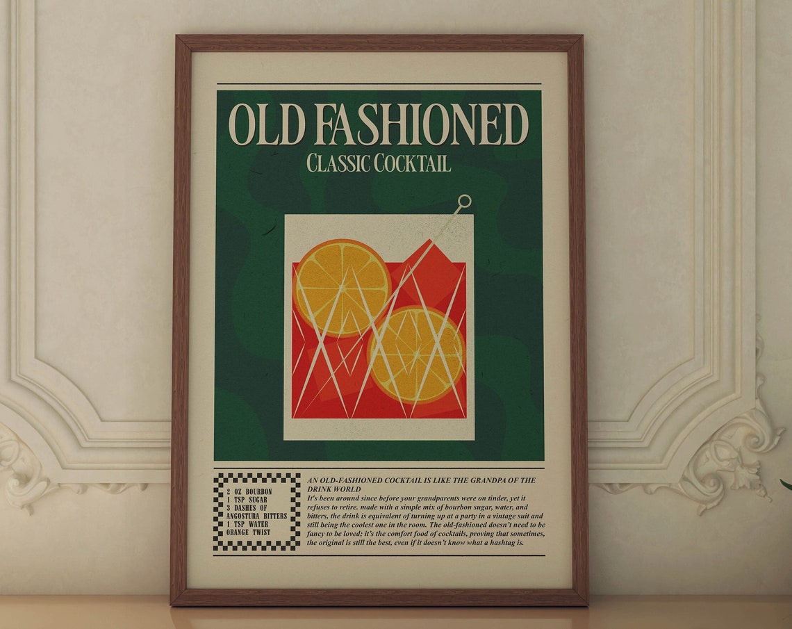 Old Fashioned Classic Cocktail Recipe Vintage Green Bar Wall Art