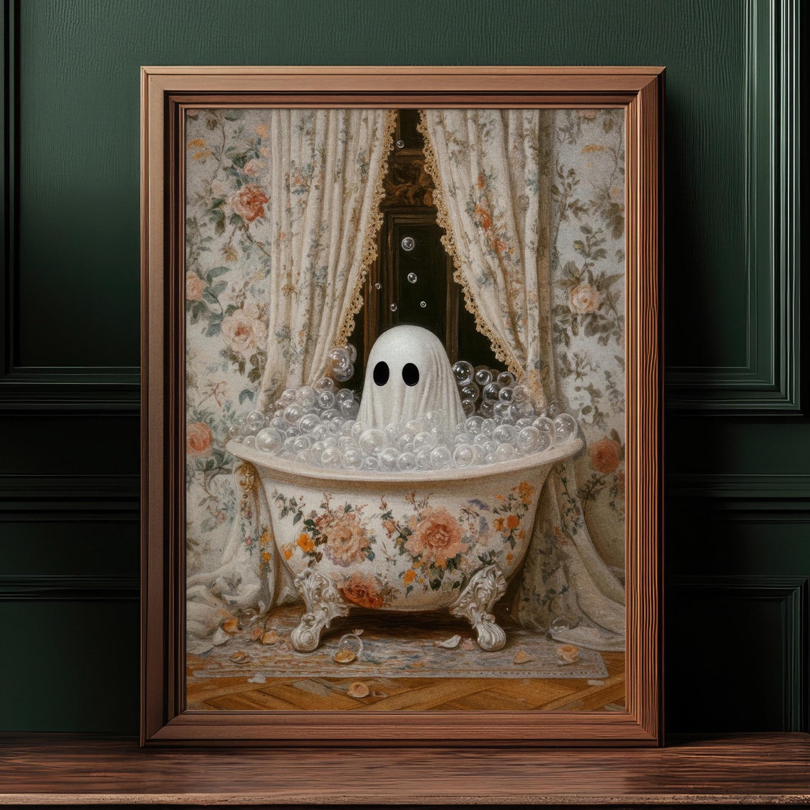 Cute Ghost Bubble Bath Pastel Floral Curtains Halloween Poster - Image 2