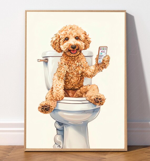 Cockapoo Funny Dog On Toilet Print Cavapoo Bathroom Wall Art Animal Bath Humor Poster Whimsy Pet Lover Gift