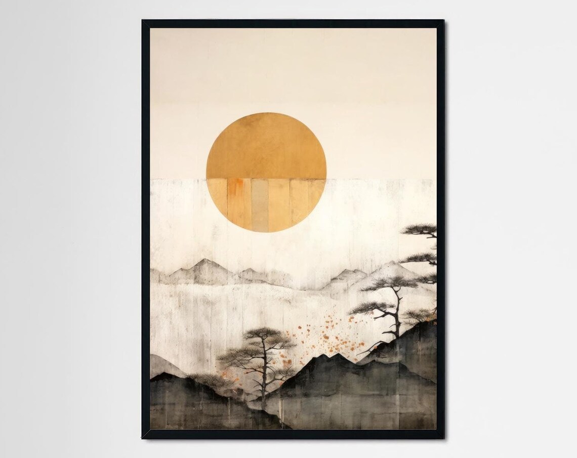 Golden Sun Over Misty Ink Mountains Japanese Landscape Poster - Image 3