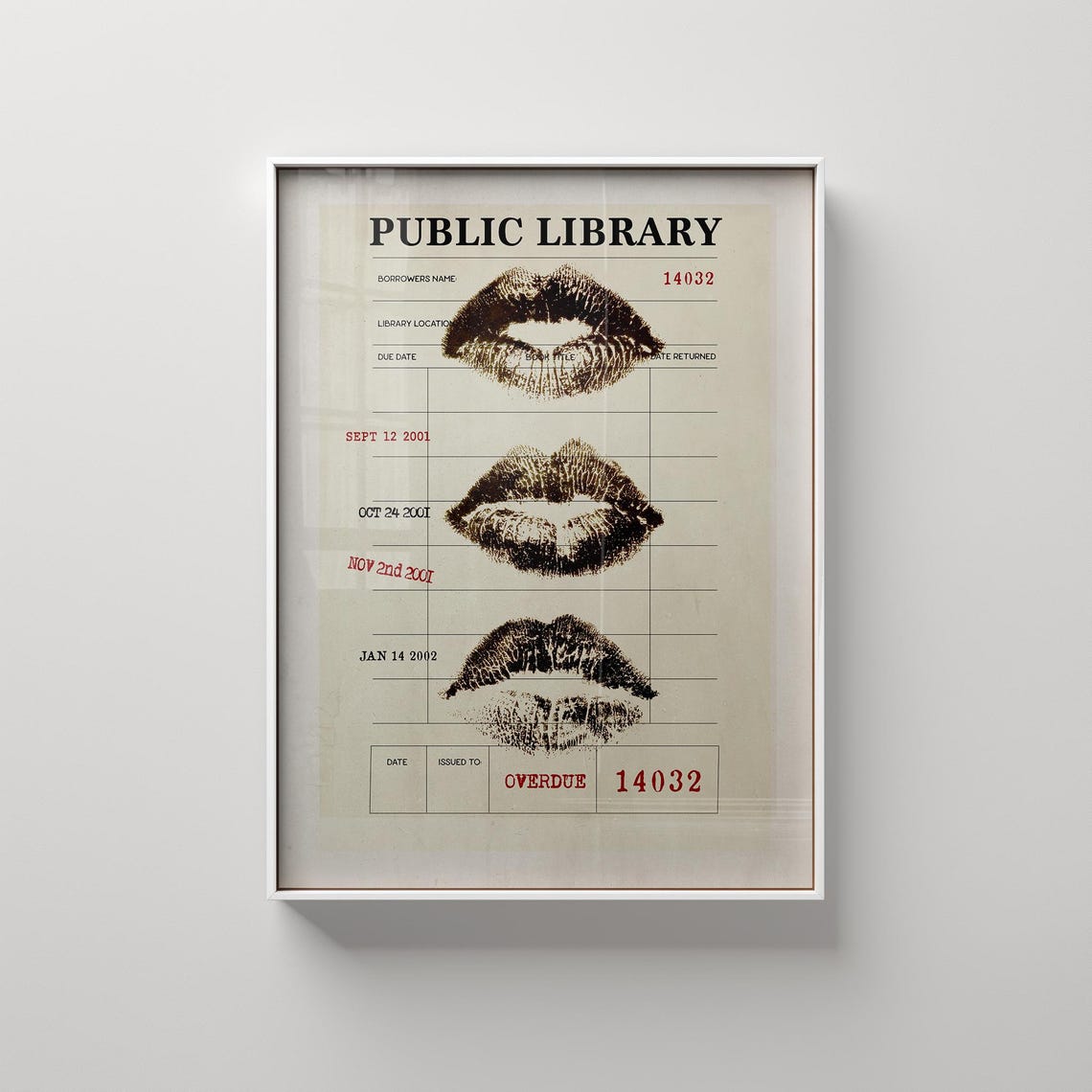 Retro Public Library Card Lipstick Kisses Vintage Wall Poster