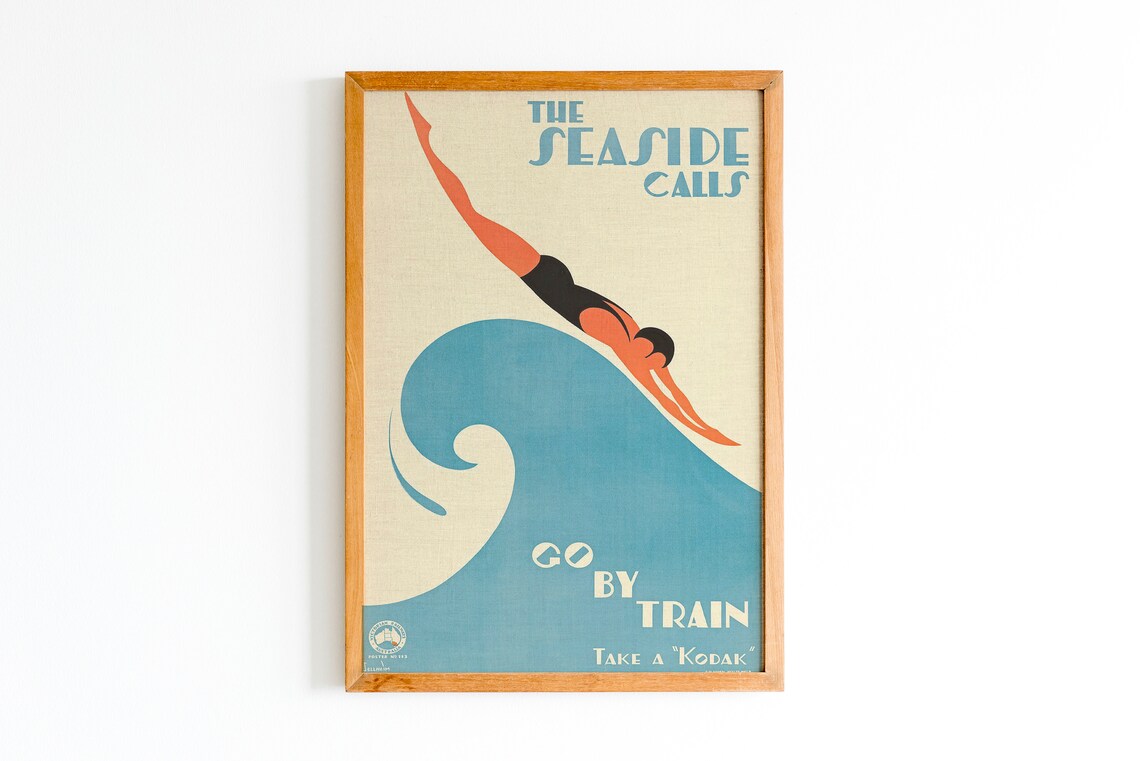 Art Deco Swimming Poster, Beach Interior Design Print