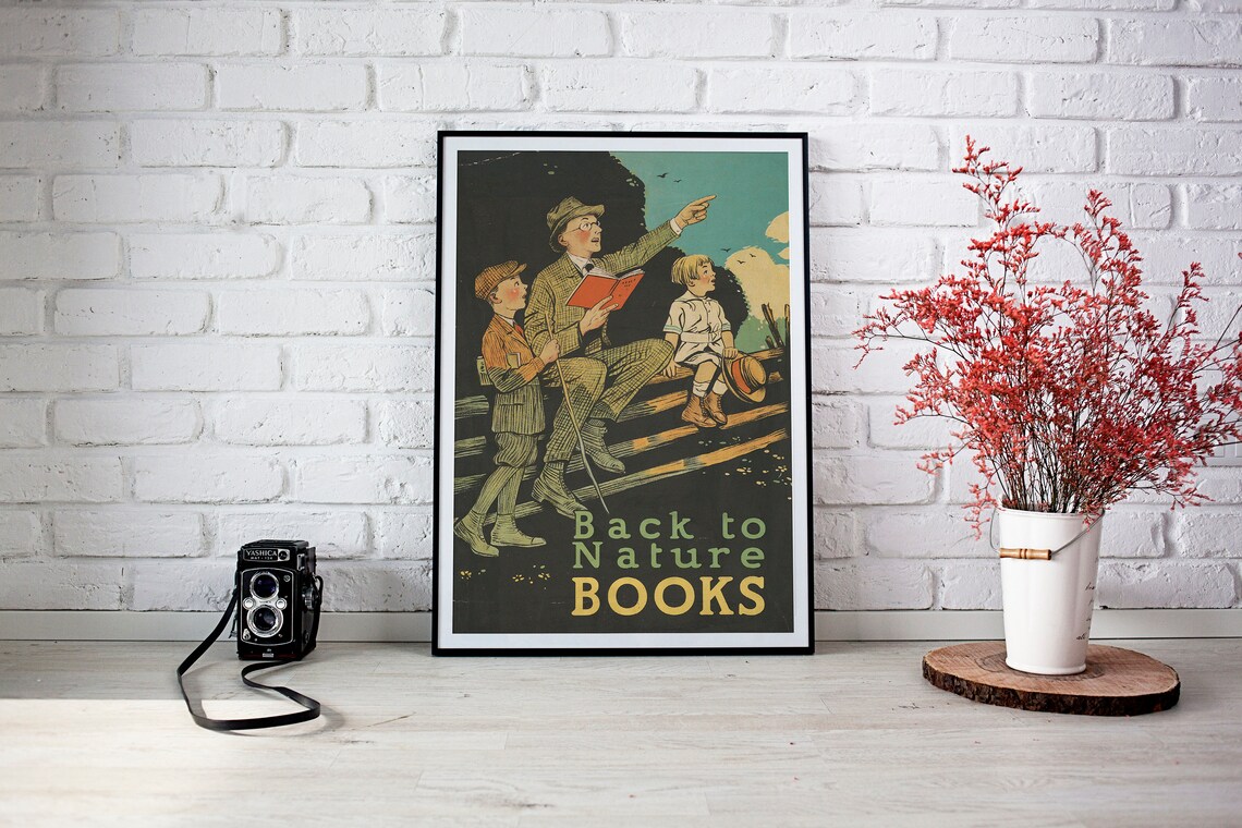 Back to Nature Books Vintage Reading Poster Father and Two Kids - Image 2