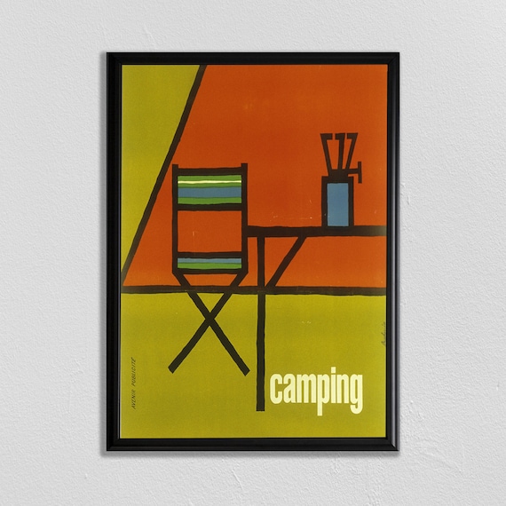 Mid Century Abstract Camping Poster Orange Tent Camp Chair Art