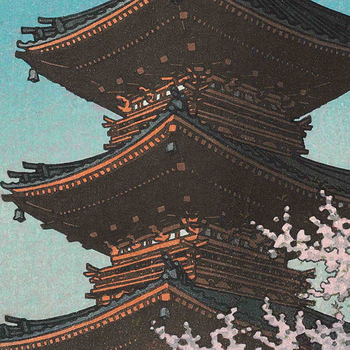 Cherry Blossom Pagoda Moonlight Japanese Woodblock Art Poster - Image 2