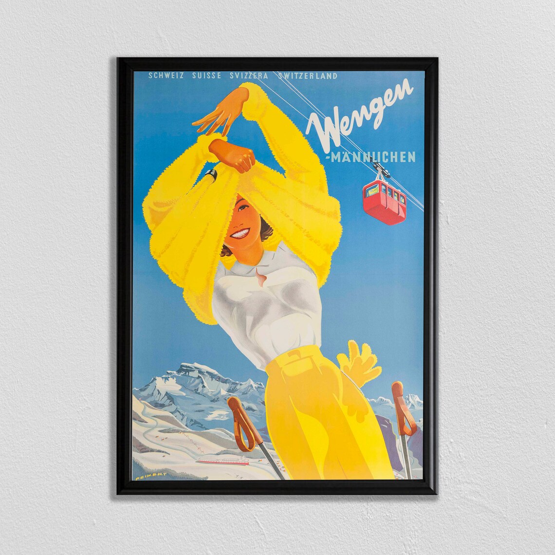 Wengen Mannlichen Vintage Swiss Ski Poster Yellow Sweater Woman Alpine
