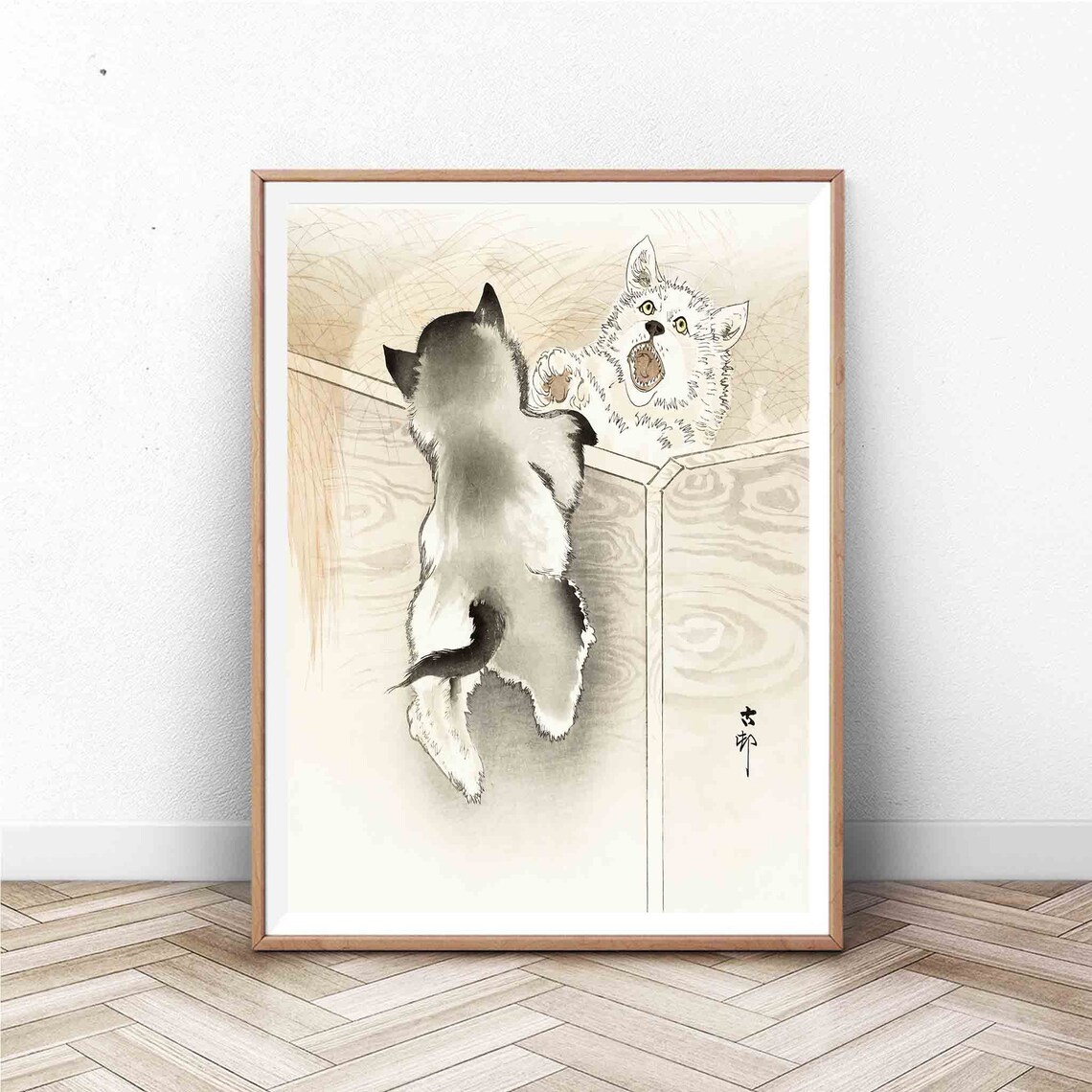 Playful Kittens Japanese Ink Wash Painting Woodblock Style Art Poster