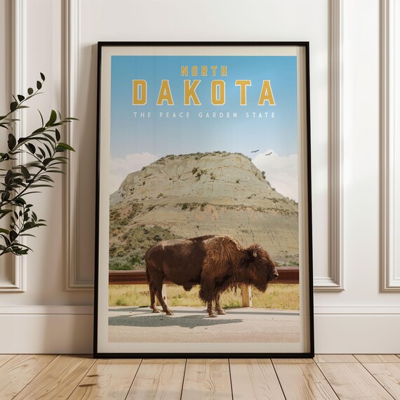 North Dakota Peace Garden State Bison Badlands Travel Poster