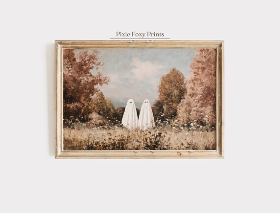Halloween Wall Art Two Cute Ghosts In Autumn Meadow Neutral Fall Landscape Rustic Minimalist Home Decor