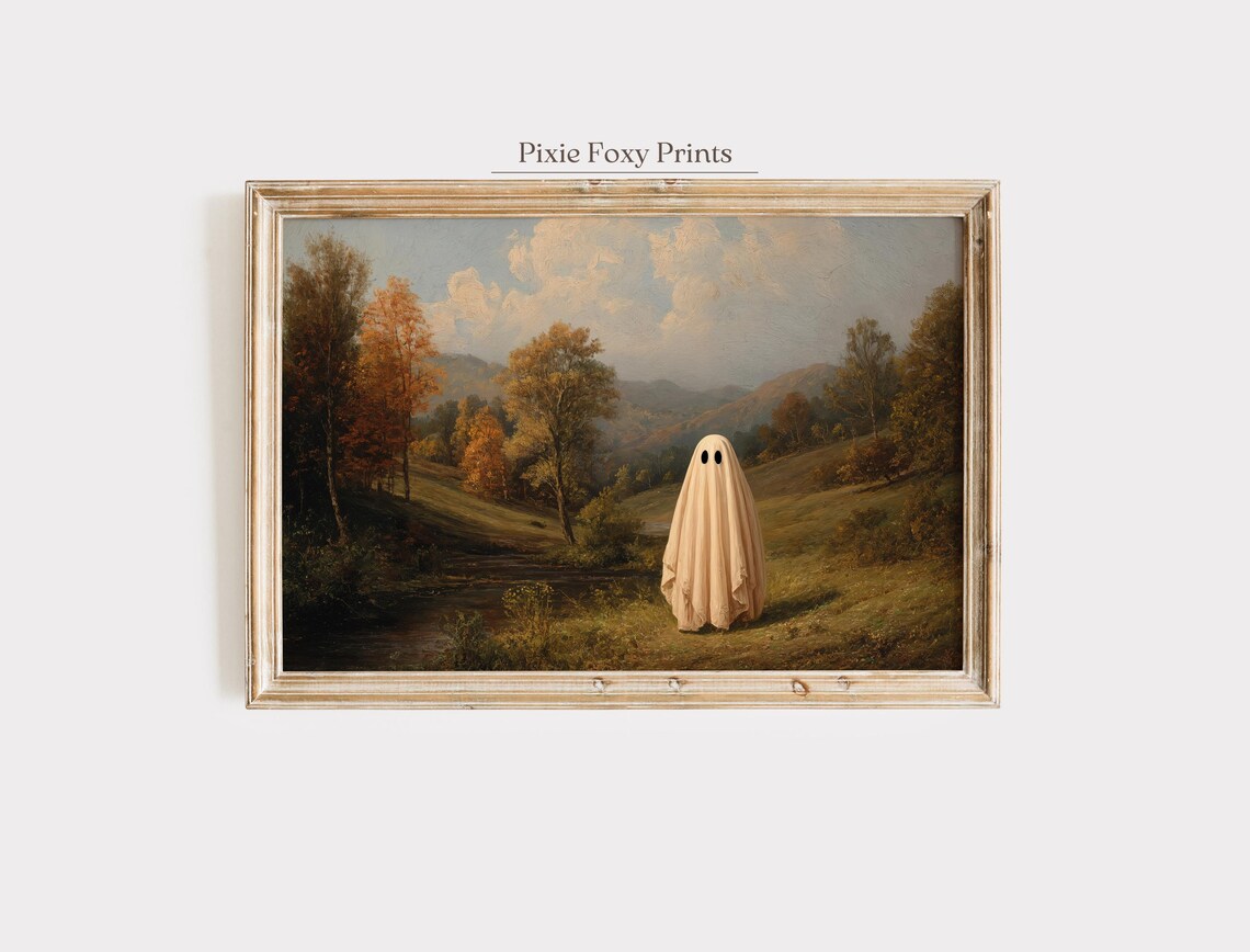 Cute Ghost in Autumn Valley Vintage Fall Landscape Art Poster