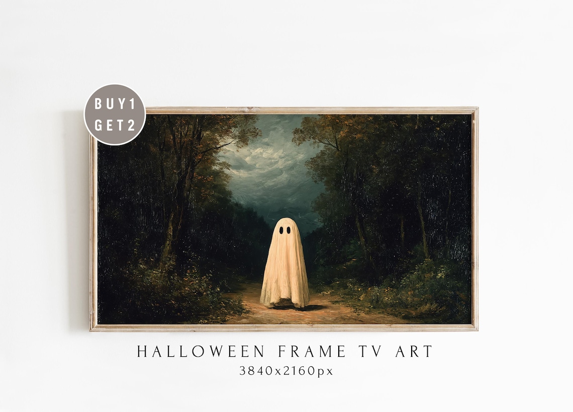 Sheet Ghost in Dark Forest Gothic Halloween Frame TV Art Poster