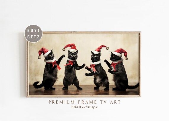 Four Dancing Black Cats In Santa Hats Festive Christmas Holiday Cat Poster