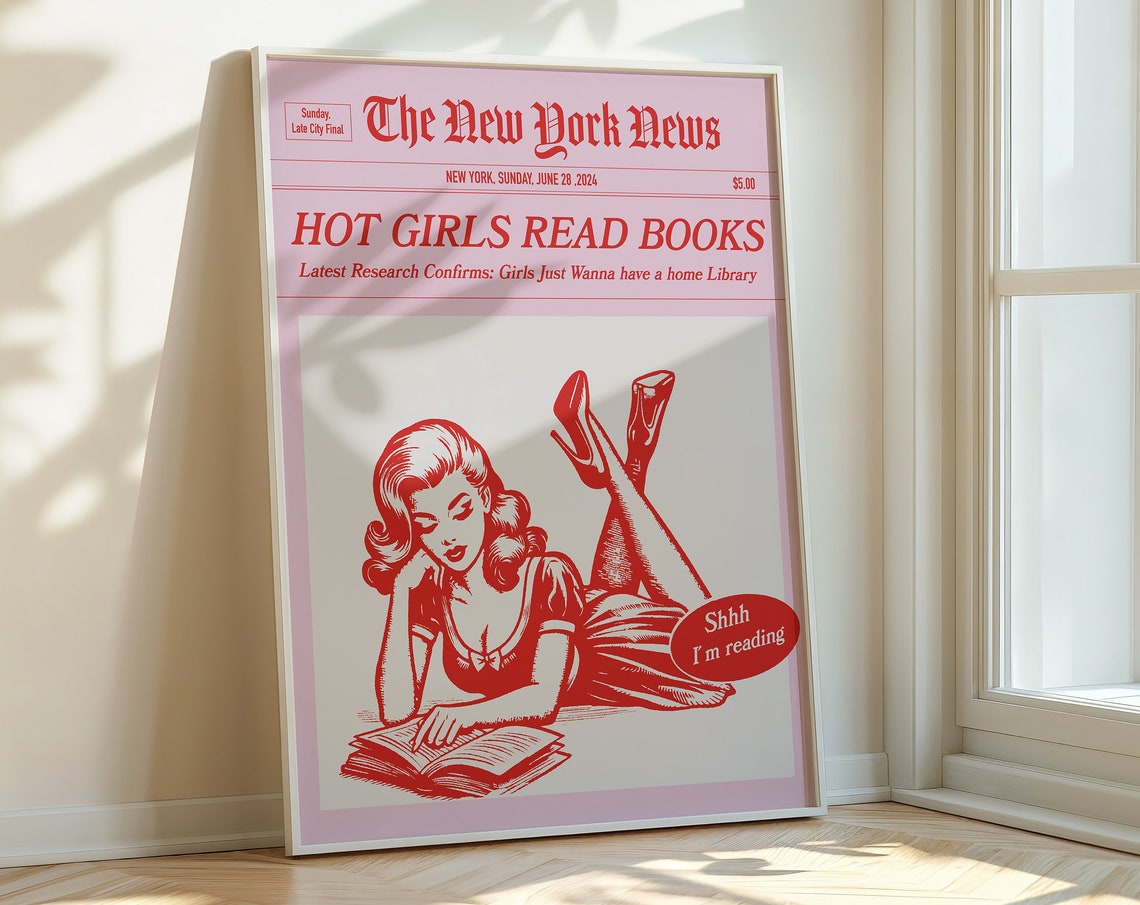 Hot Girls Read Books Newspaper Pink Retro Reader Quote Poster - Image 3