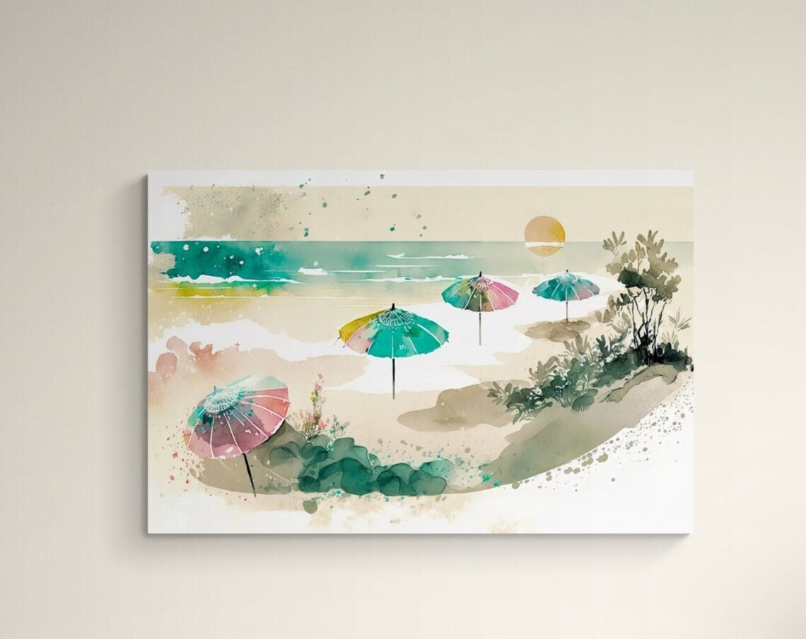 Beach Umbrellas Watercolor Painting Coastal Fine Art Decor Poster