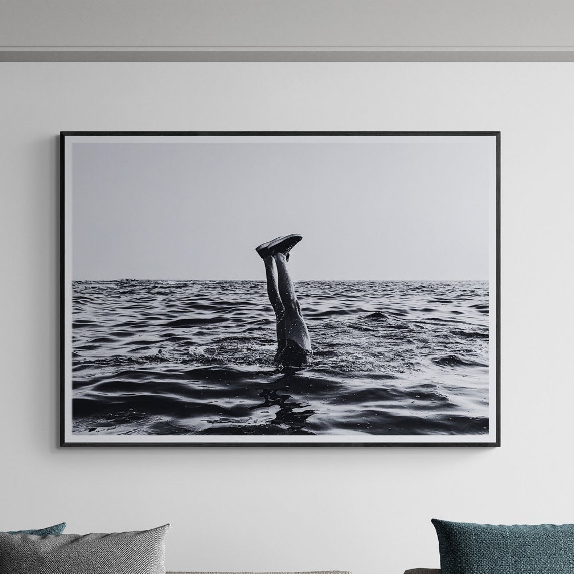 Diver Upside Down Ocean Black And White Photography Art Poster