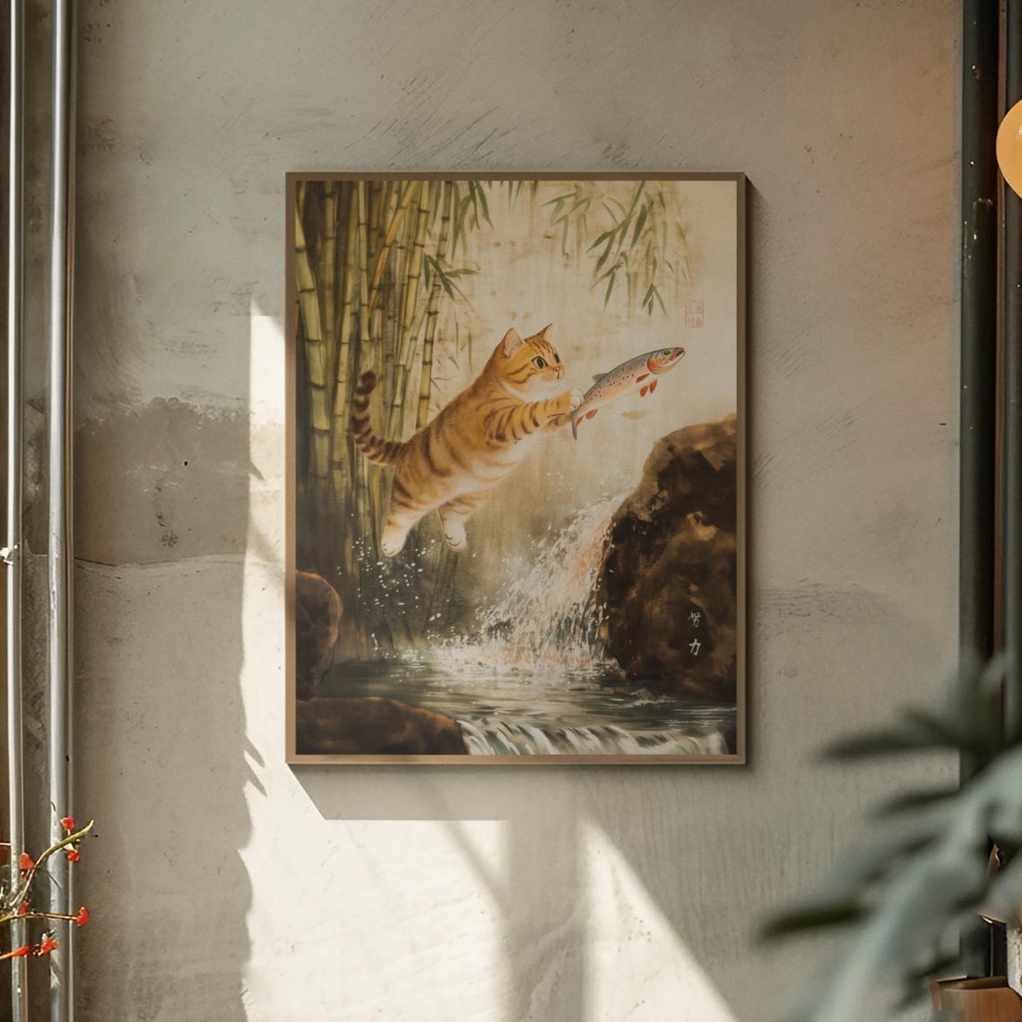 Orange Tabby Cat Catching Fish At A Waterfall In Bamboo Poster - Image 2