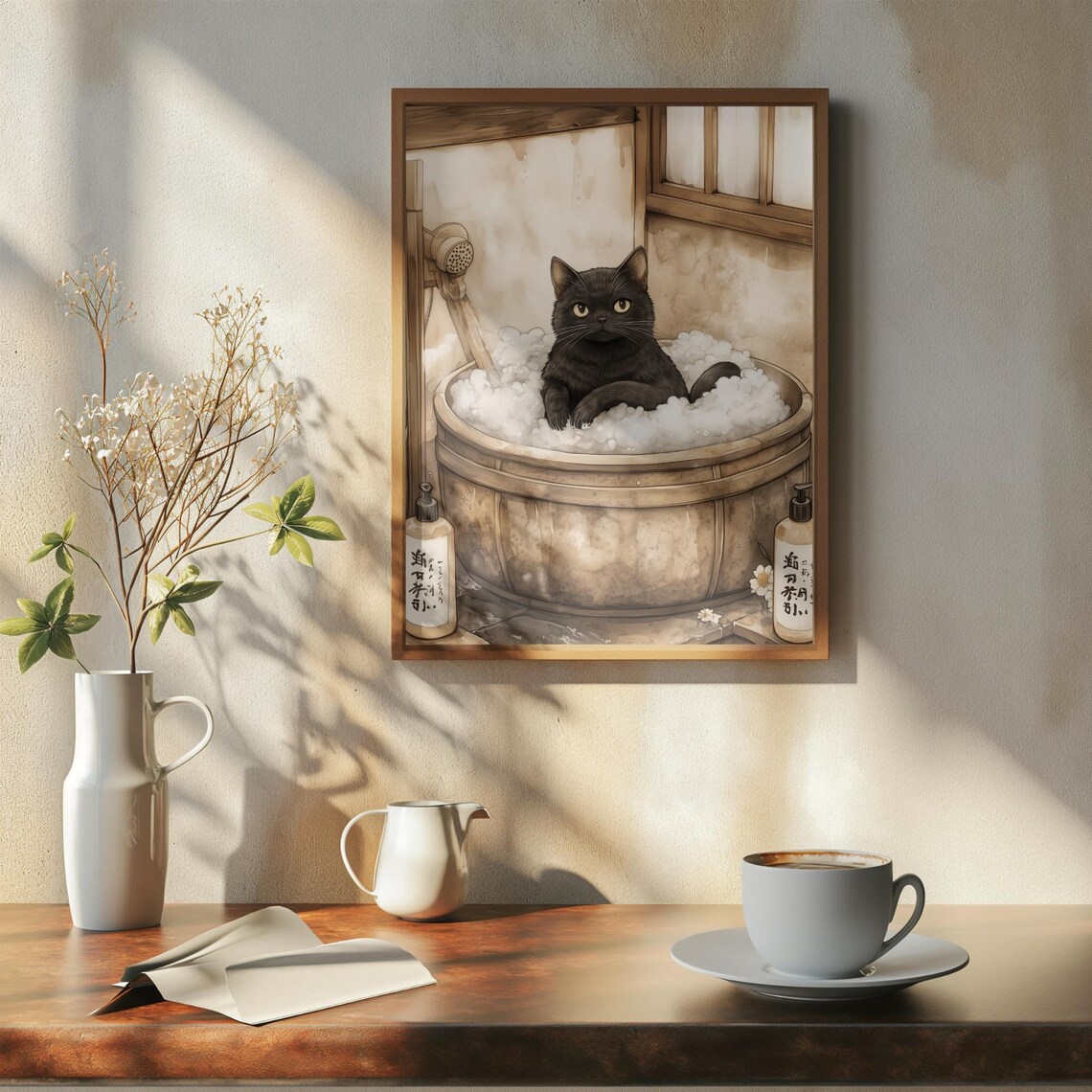 Black Cat In Wooden Bubble Tub With Shower Sepia Bath Poster - Image 7