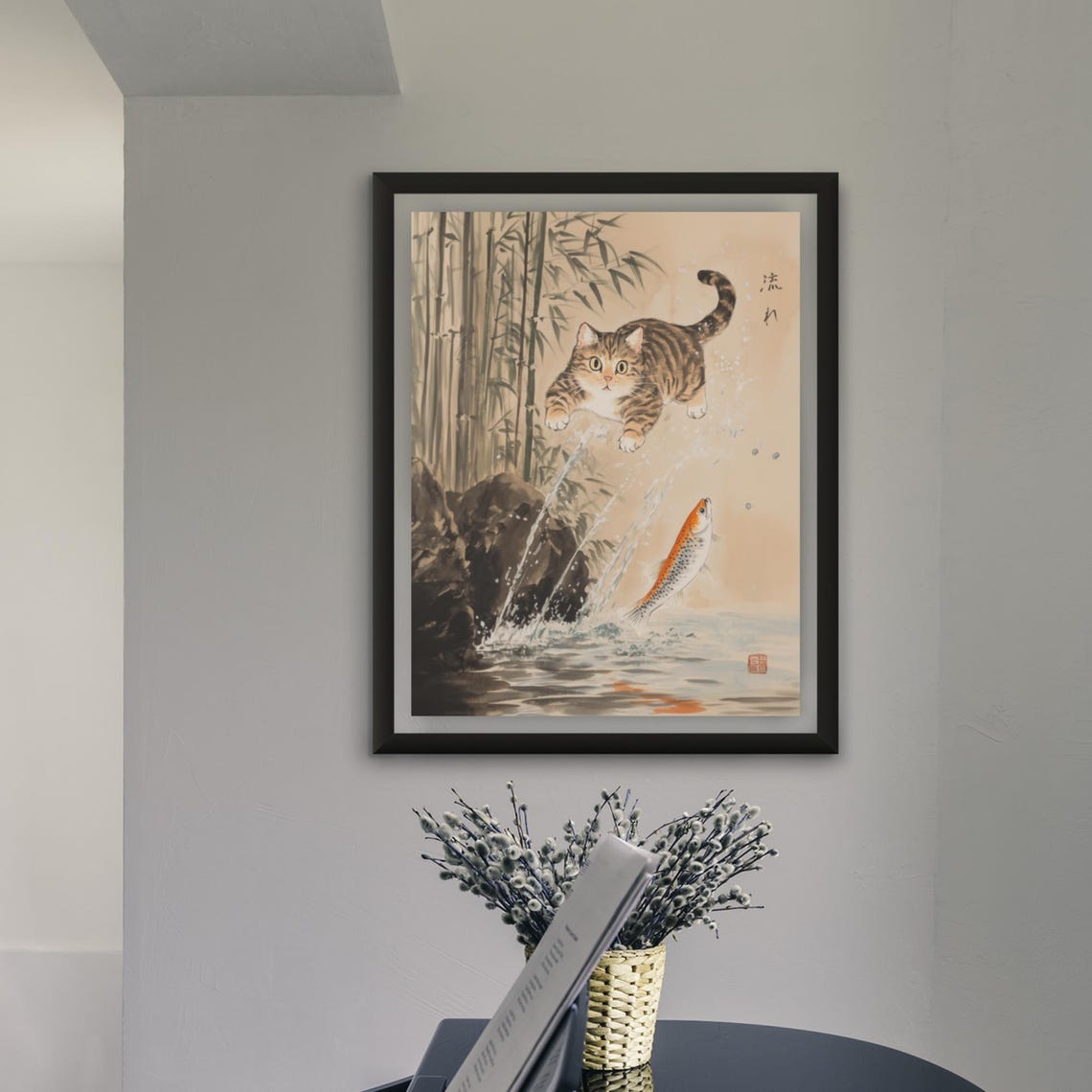 Tabby Cat Pouncing At Leaping Fish In Bamboo Ink Wash Poster - Image 4