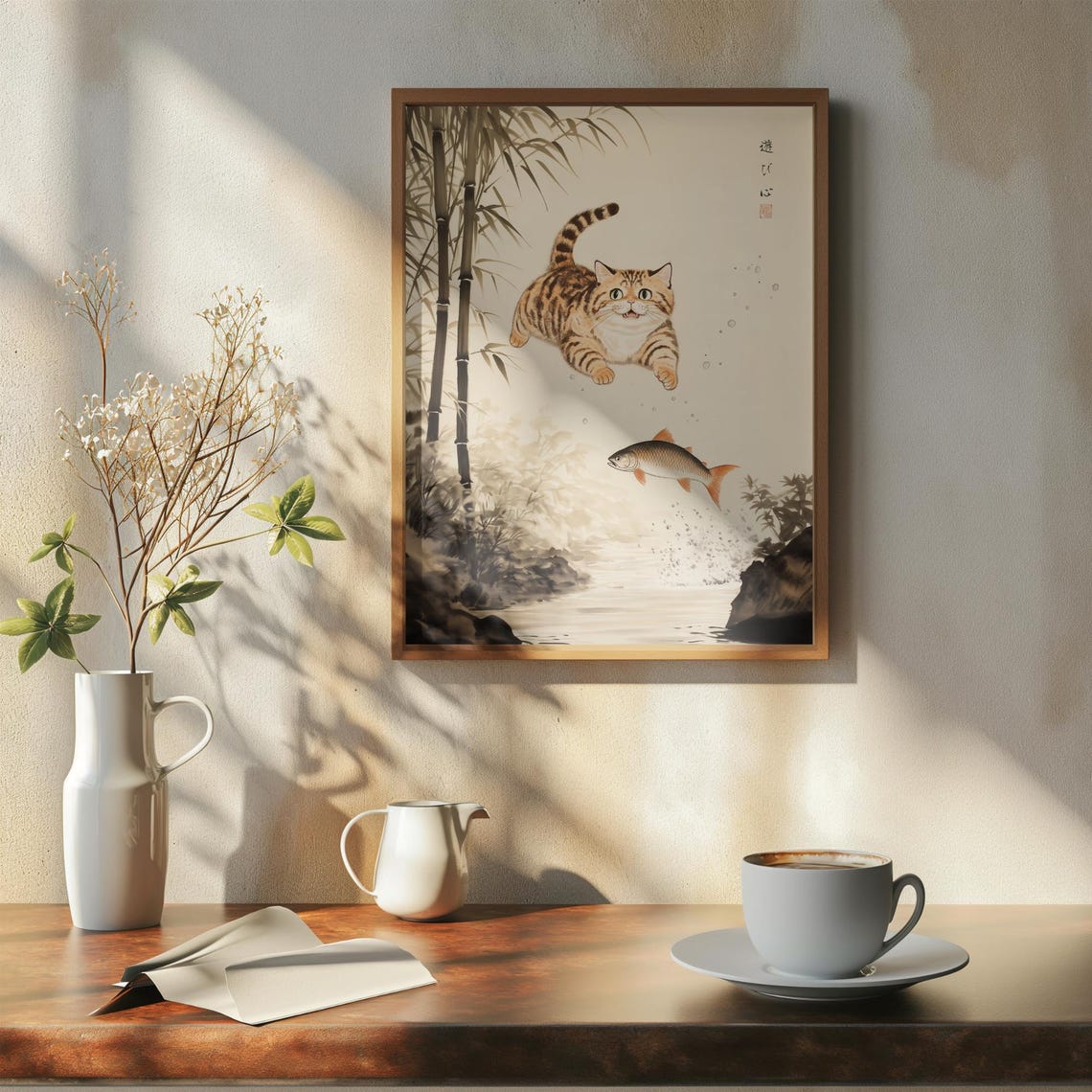 Orange Tabby Cat Diving Down Toward A Fish In Bamboo Grove Poster - Image 7