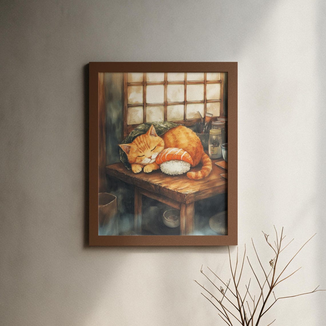 Orange Cat Sleeping Like Sushi With Salmon Slice On Counter Poster - Image 6
