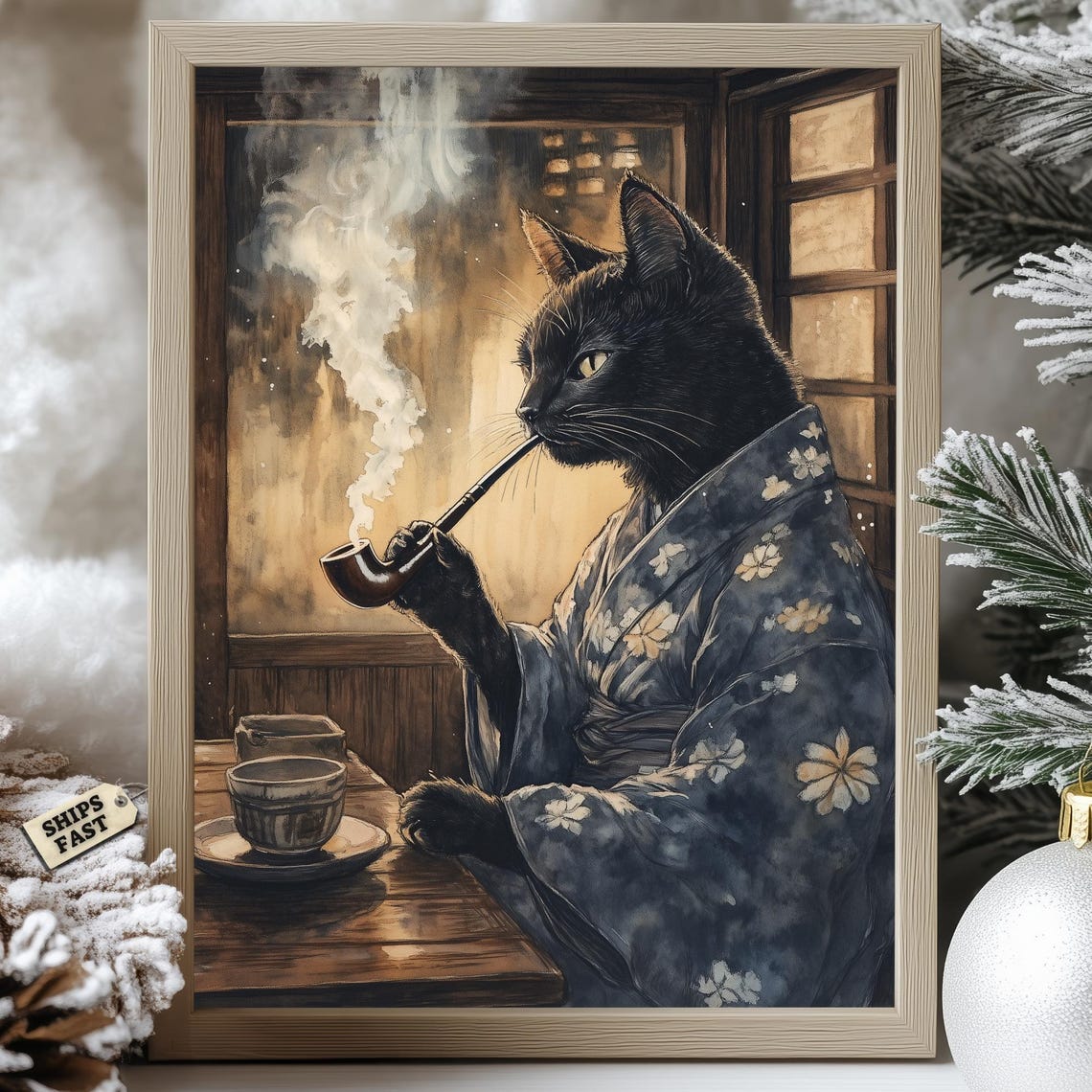 Black Cat Enjoying A Long Pipe In A Dark Floral Kimono Poster