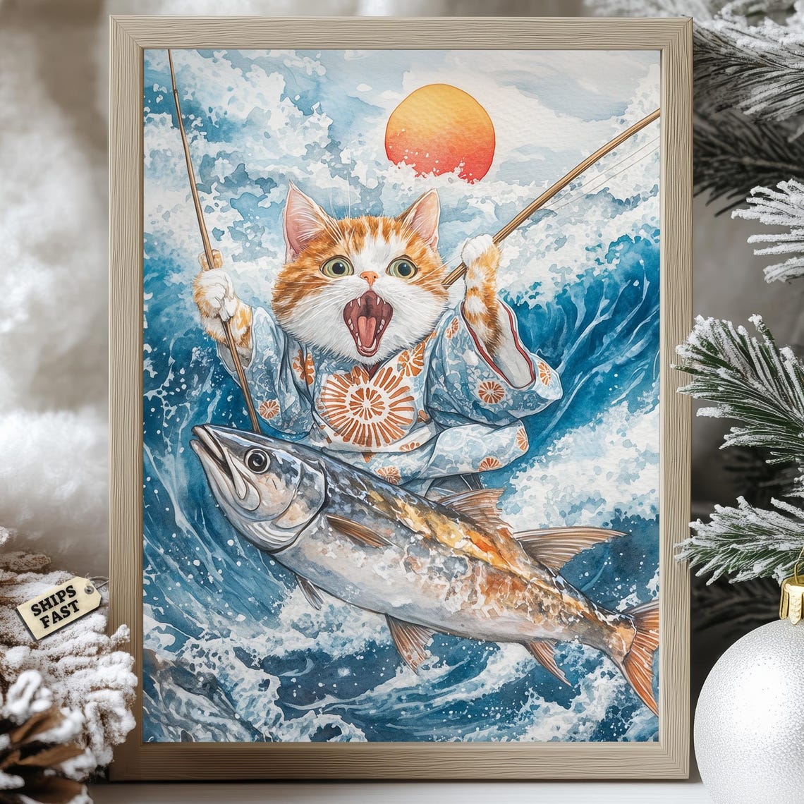 Orange Cat In Kimono Riding Giant Fish In Ocean Waves Poster