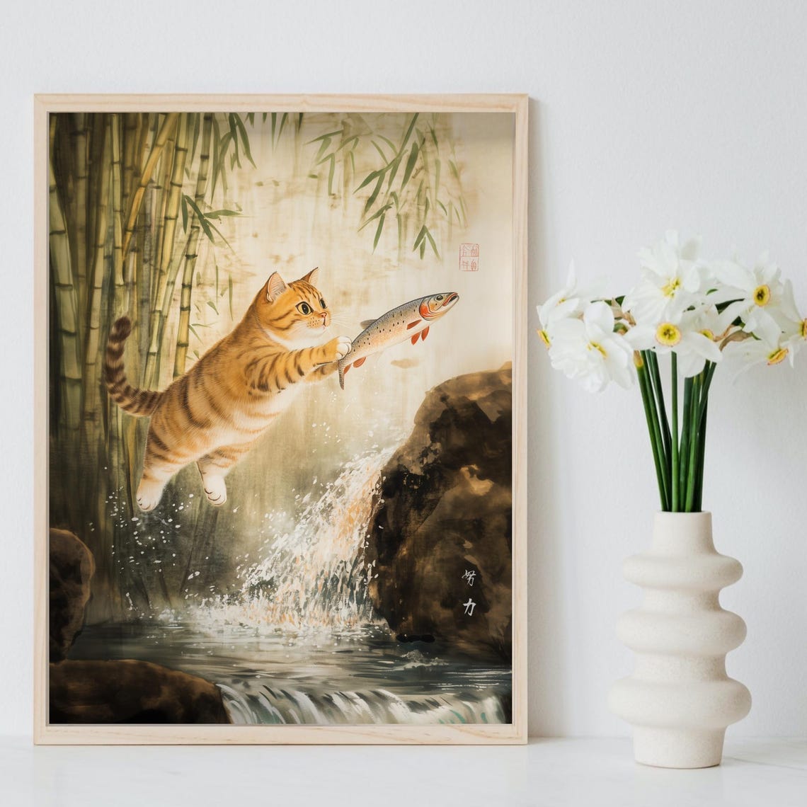 Orange Tabby Cat Catching Fish At A Waterfall In Bamboo Poster - Image 8