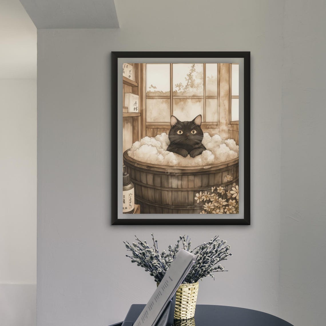 Black Cat Relaxing In Wooden Tub Bubbles Vintage Bath Poster - Image 4