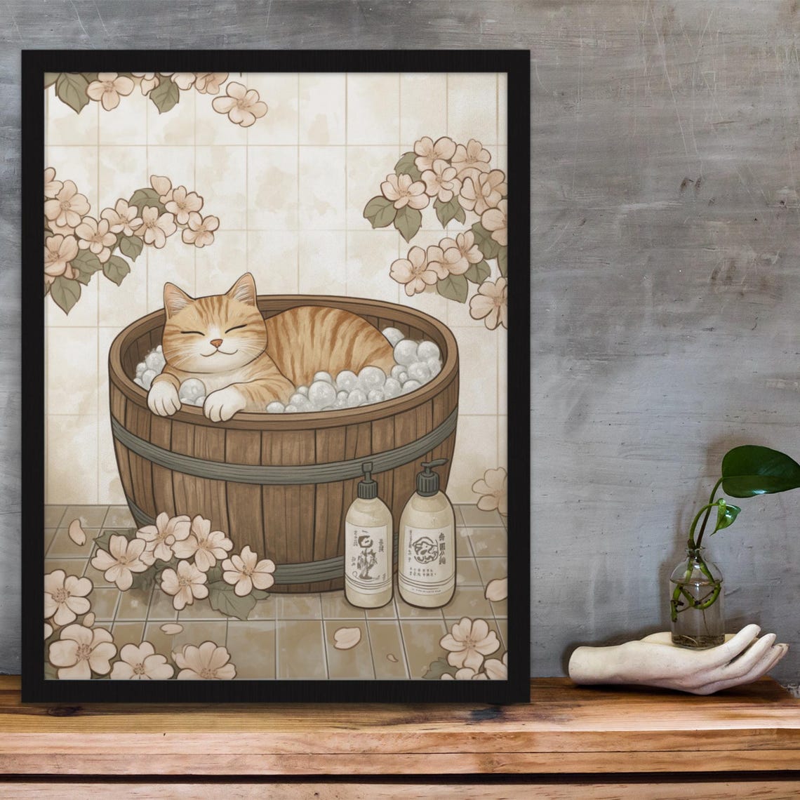 Orange Tabby Cat Relaxing In Wooden Tub Cherry Blossom Poster - Image 3