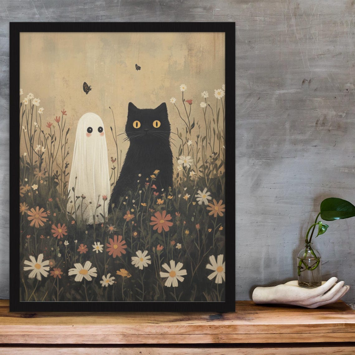 Black Cat And Cute Ghost In Wildflower Meadow Vintage Poster - Image 3