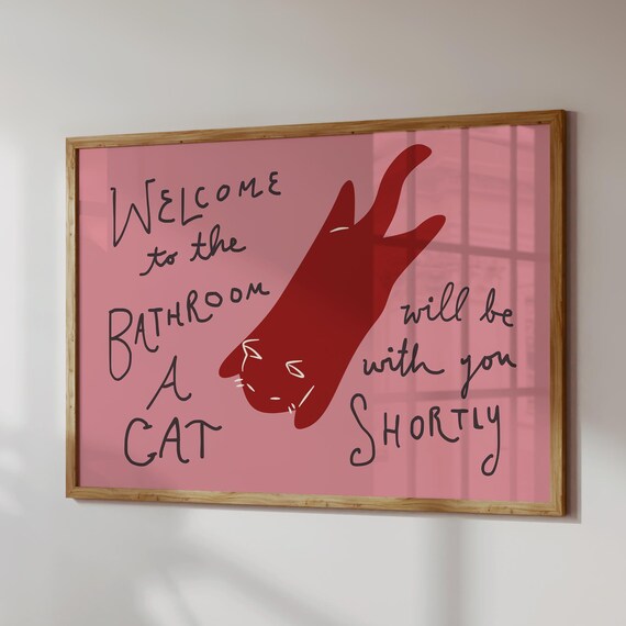 Funny Cat Bathroom Print Pink Decor Quirky Wall Art Digital Download Horizontal