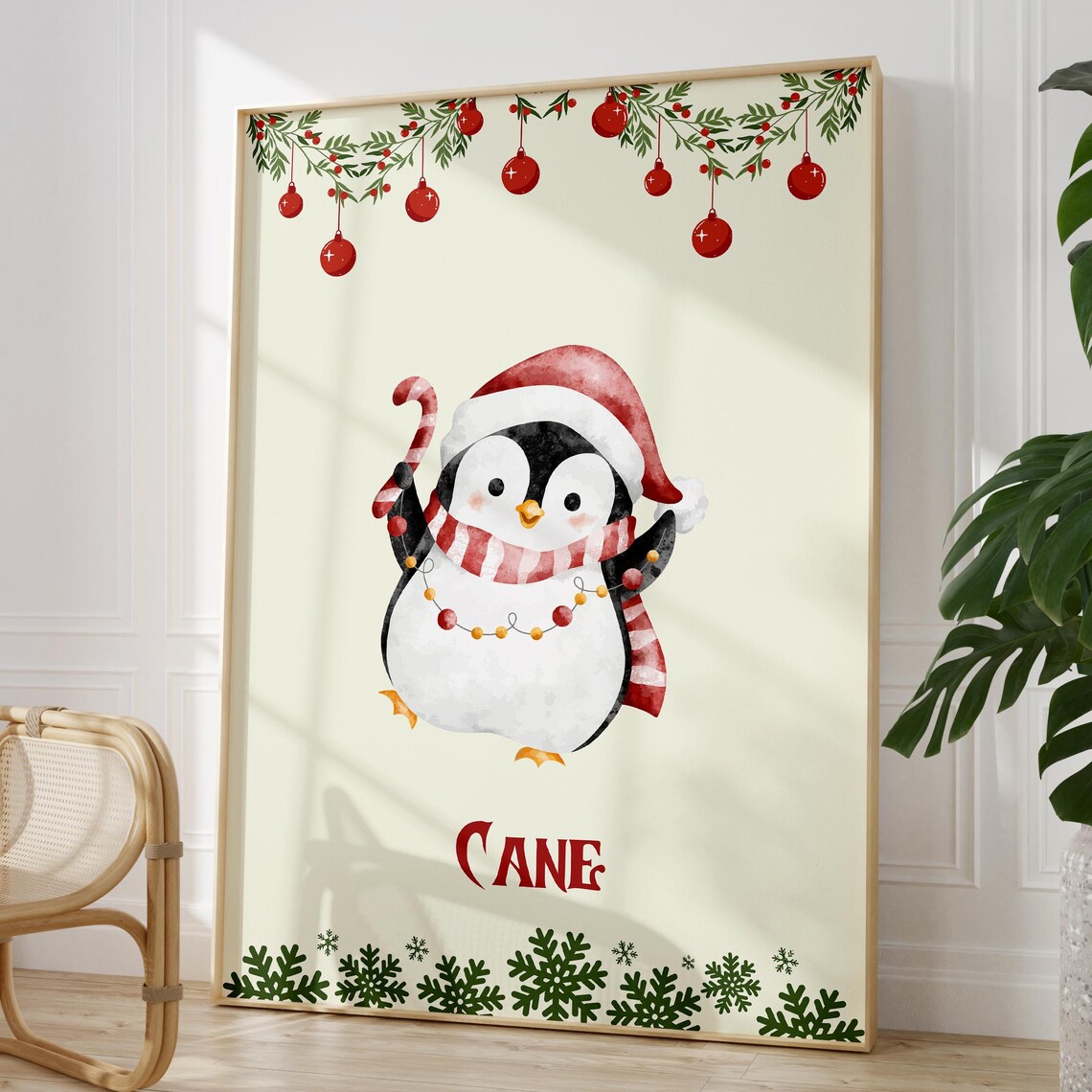 Cane Penguin Holding Candy Cane Watercolor Christmas Holiday Poster