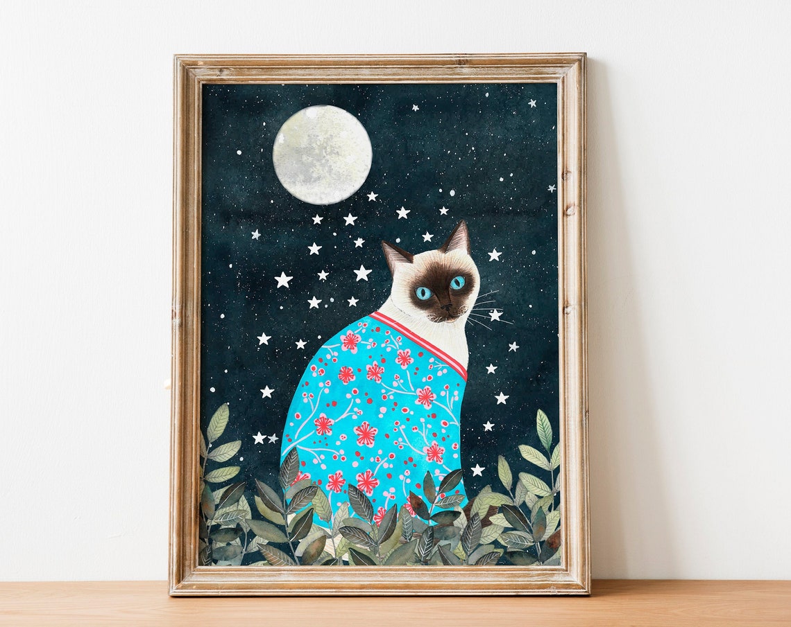 Siamese Cat Japanese Print, Night Sky Poster