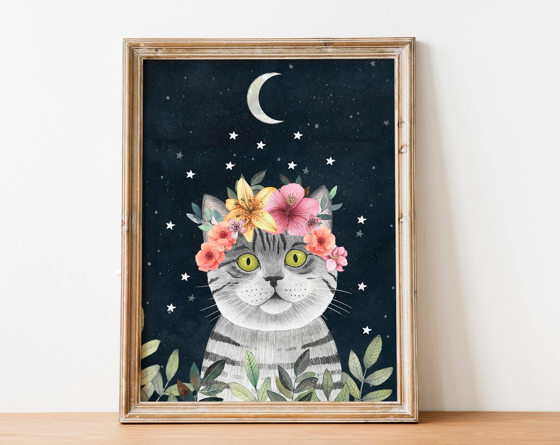 Tabby Cat Floral Nursery Wall Art Print